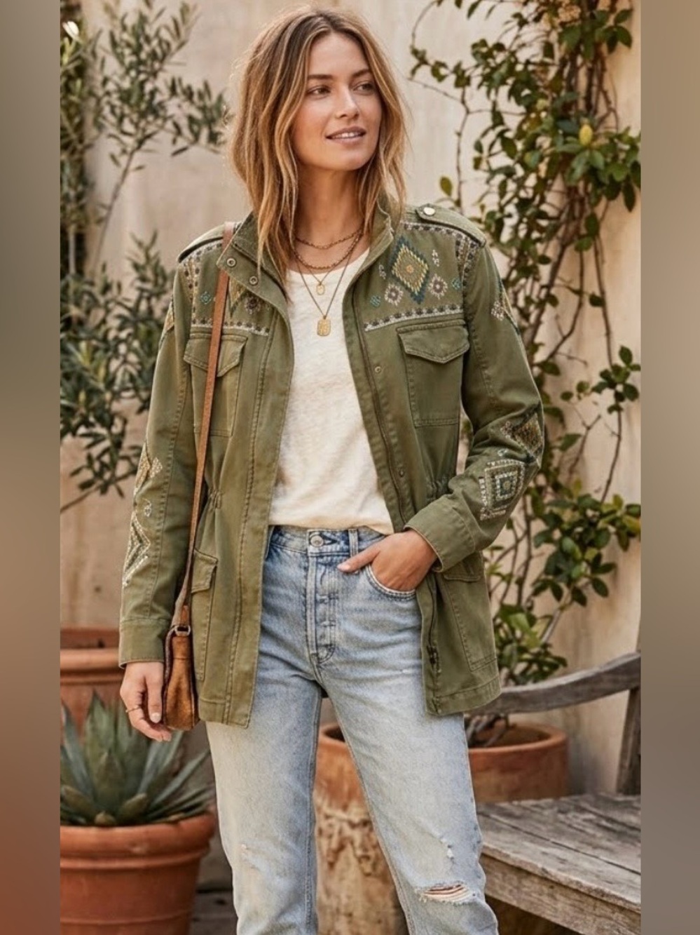 Sundance Olive Green Aztec Embroidered Utility Jacket Size Medium